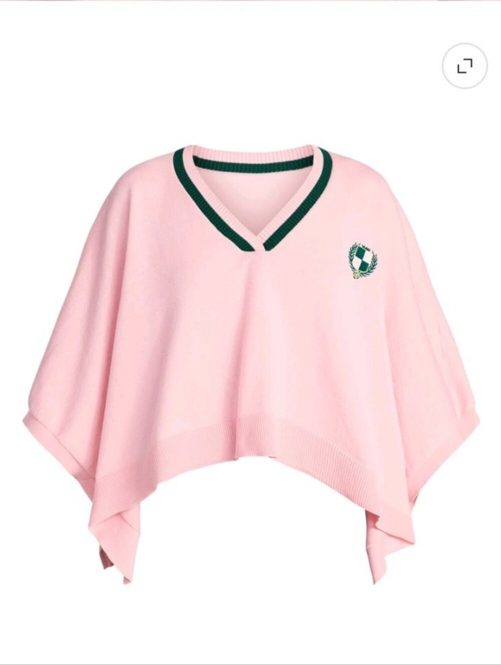 Pink V-Neck Juniors Cropped Varsity Poncho Sweater with Green Trim